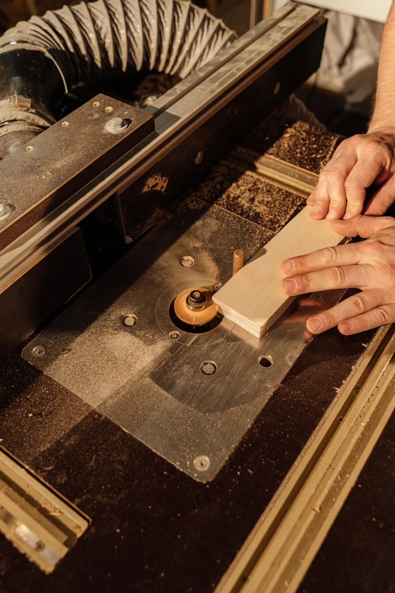 Home Detailed shot of hands operating industrial woodworking equipment